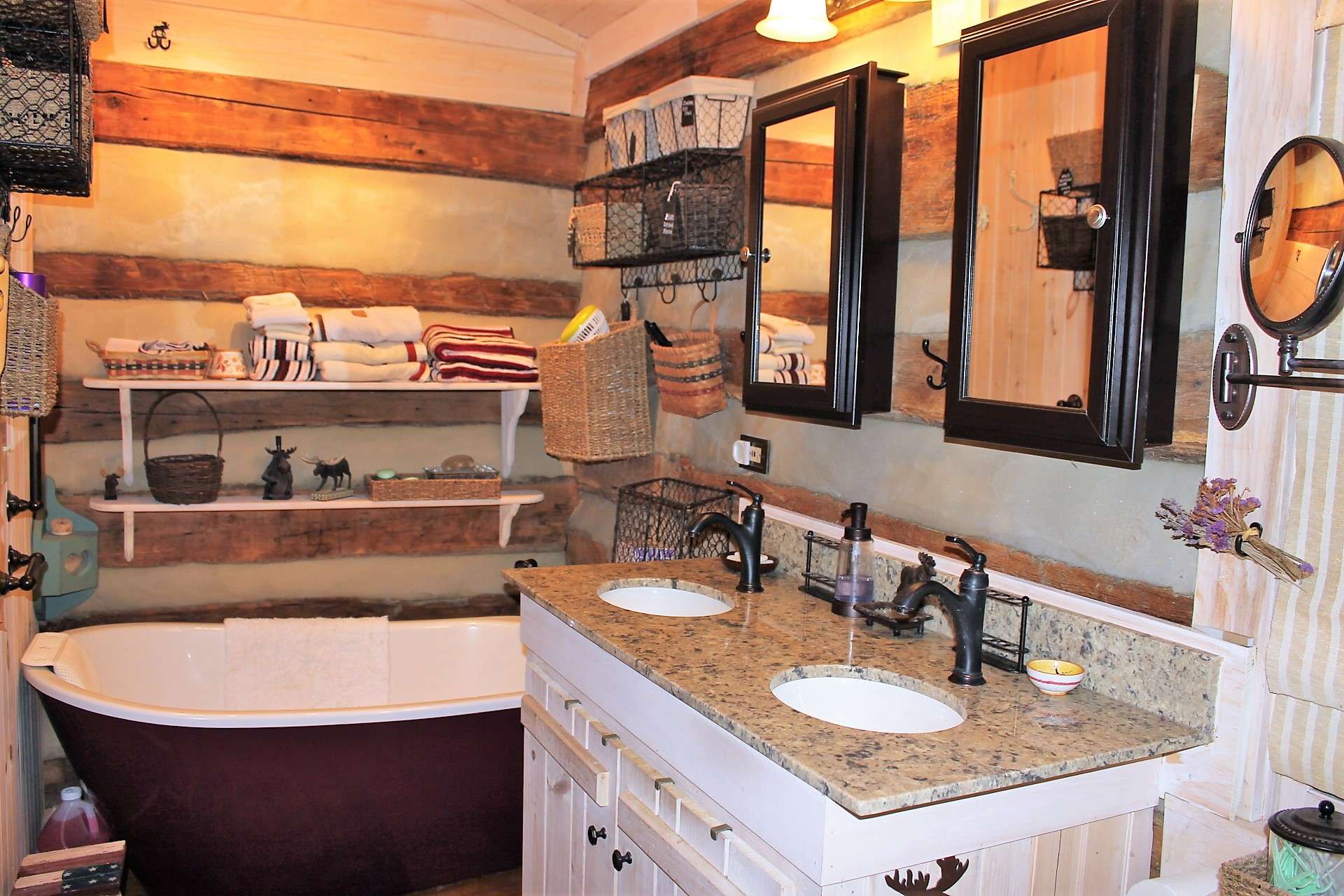 Master bath has dual sinks and a soaking tub to relax in after a day of hiking in the mountains.