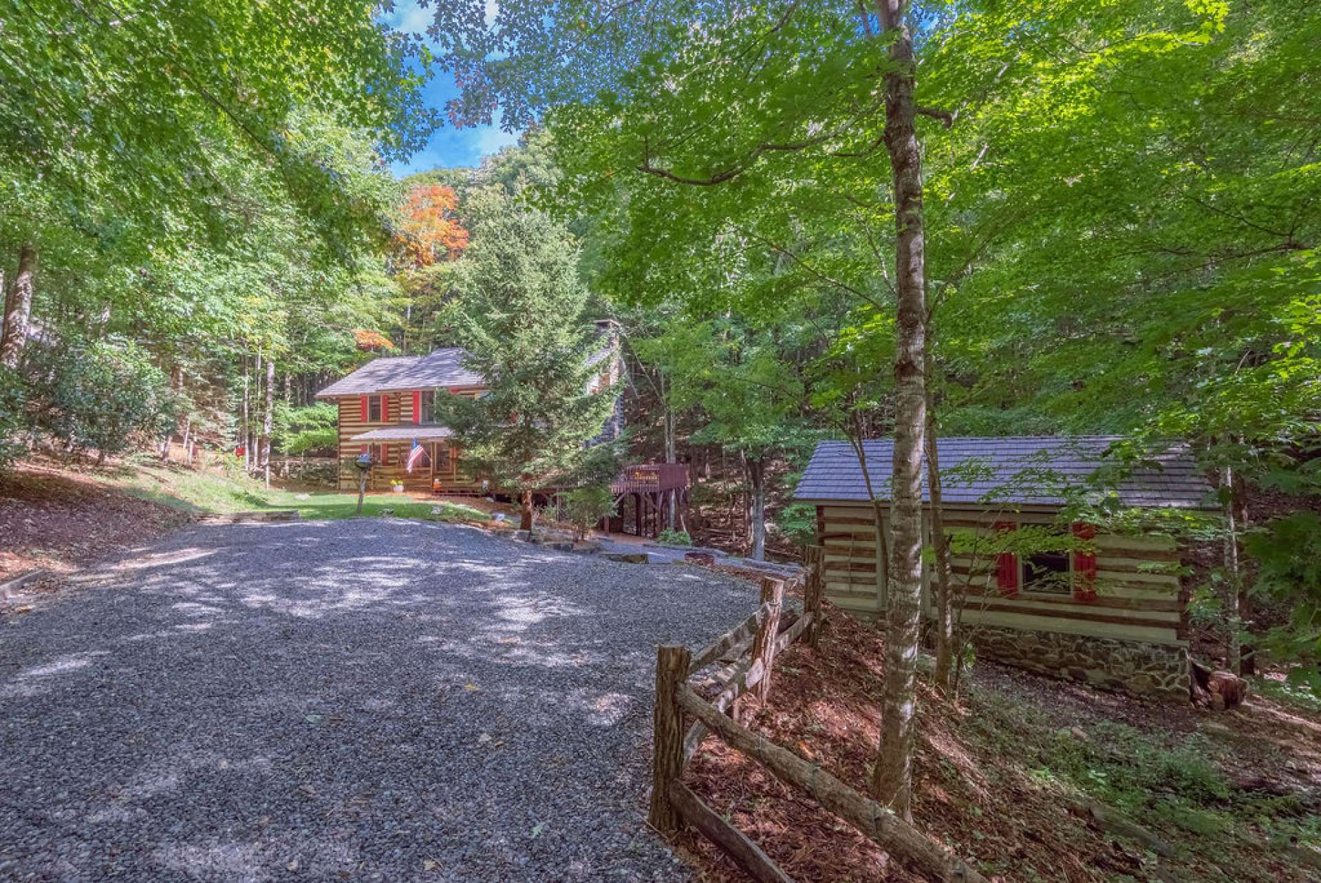 When entering the Stonebridge community and driving along  Homestead Road, canopied by natural mountain foliage,  you will encounter lovely stone bridges, split rail fences, and charming rustic log cabins tucked in beautifully landscaped settings enhanced by Nature.  This 3-bedroom, 2-bath log home is located at the end of a private drive offering privacy.