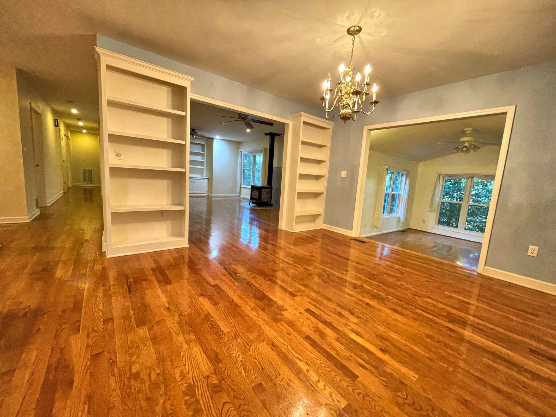 Dining room with built-in shelving.
