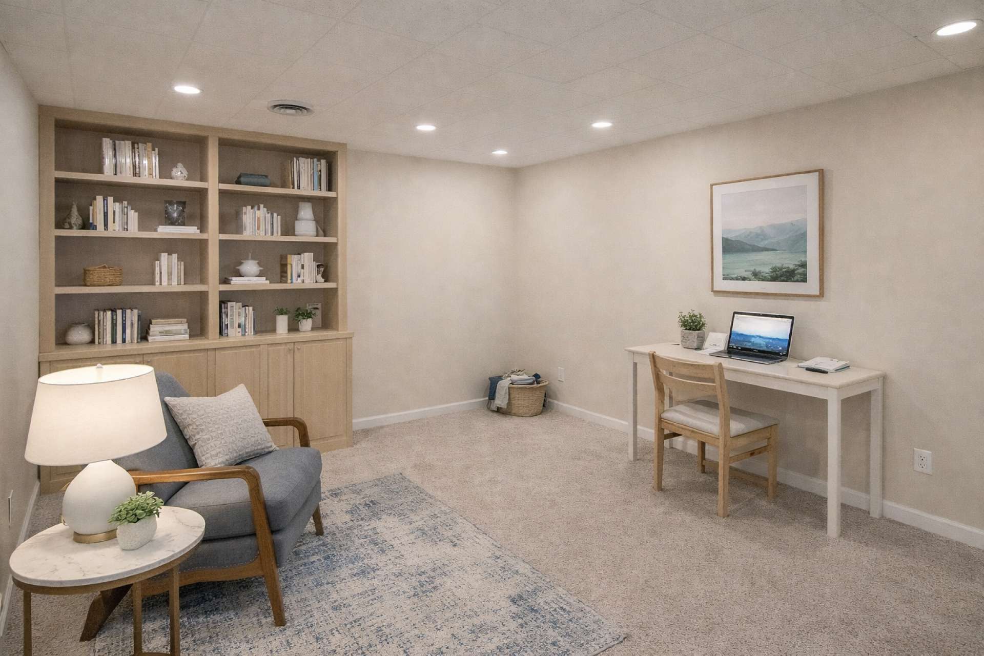Sometimes it is hard to imagine the potential of an unfinished space, but this virtual-generated photo shows us how this space can be transformed into a cozy finished space.