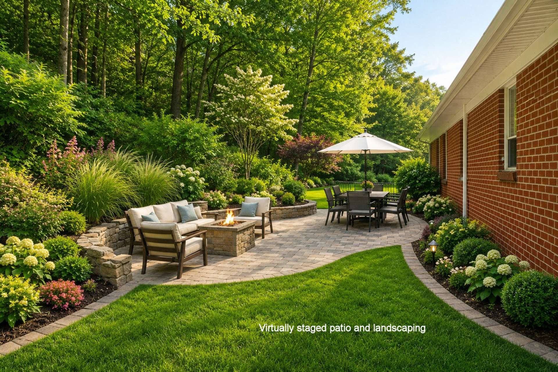 This virtual-generated photo shows how a bit of cleaning up, landscaping, and firepit with patio furniture can create an inviting outdoor space for entertaining.
