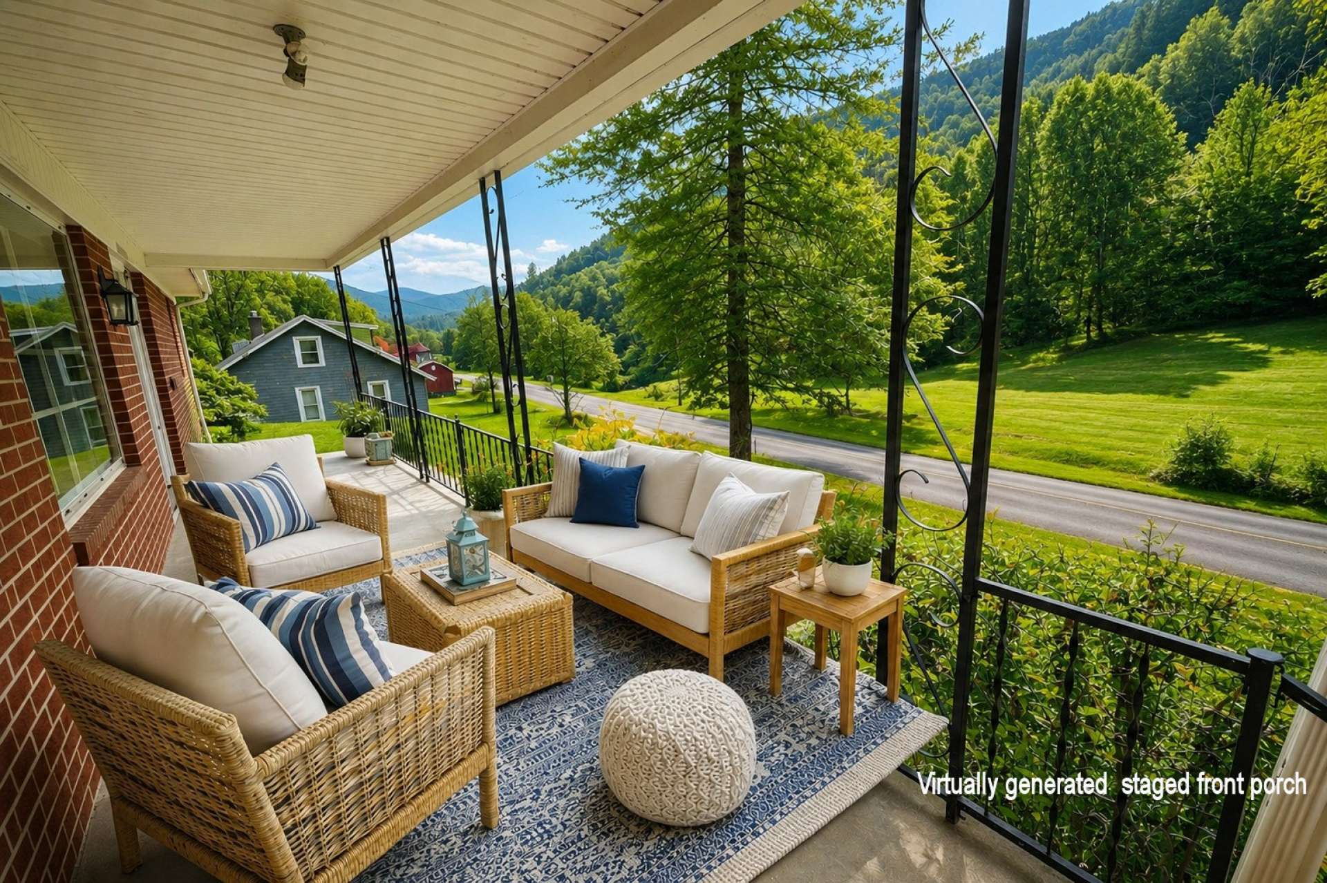 This virtual-generated photo shows how adding porch furniture can give you a relaxing afternoon on the porch, enjoying the view and the sounds of the creek across the road.
