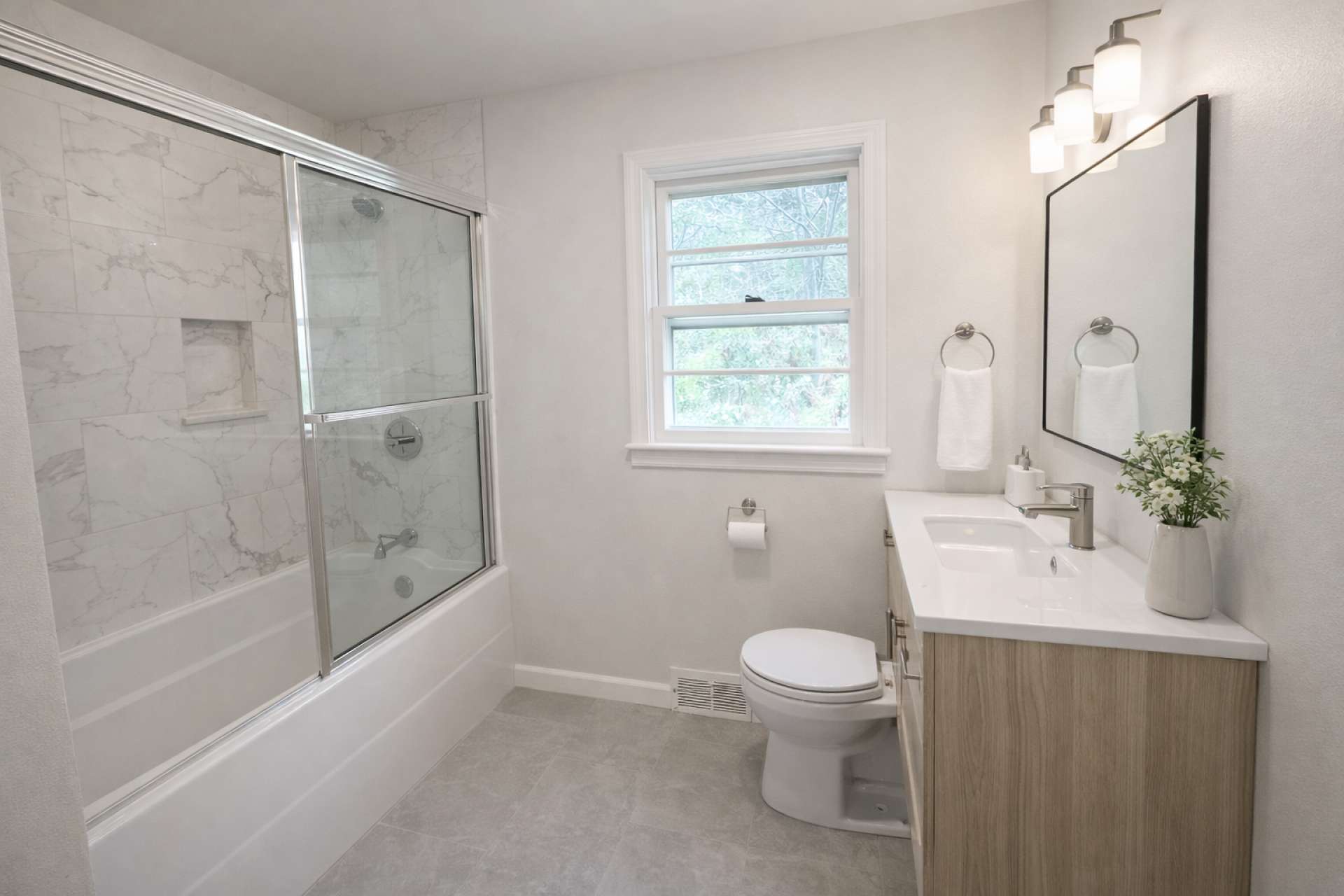 This virtual-generated photo gives you a sense of what this bathroom could look like with updates.