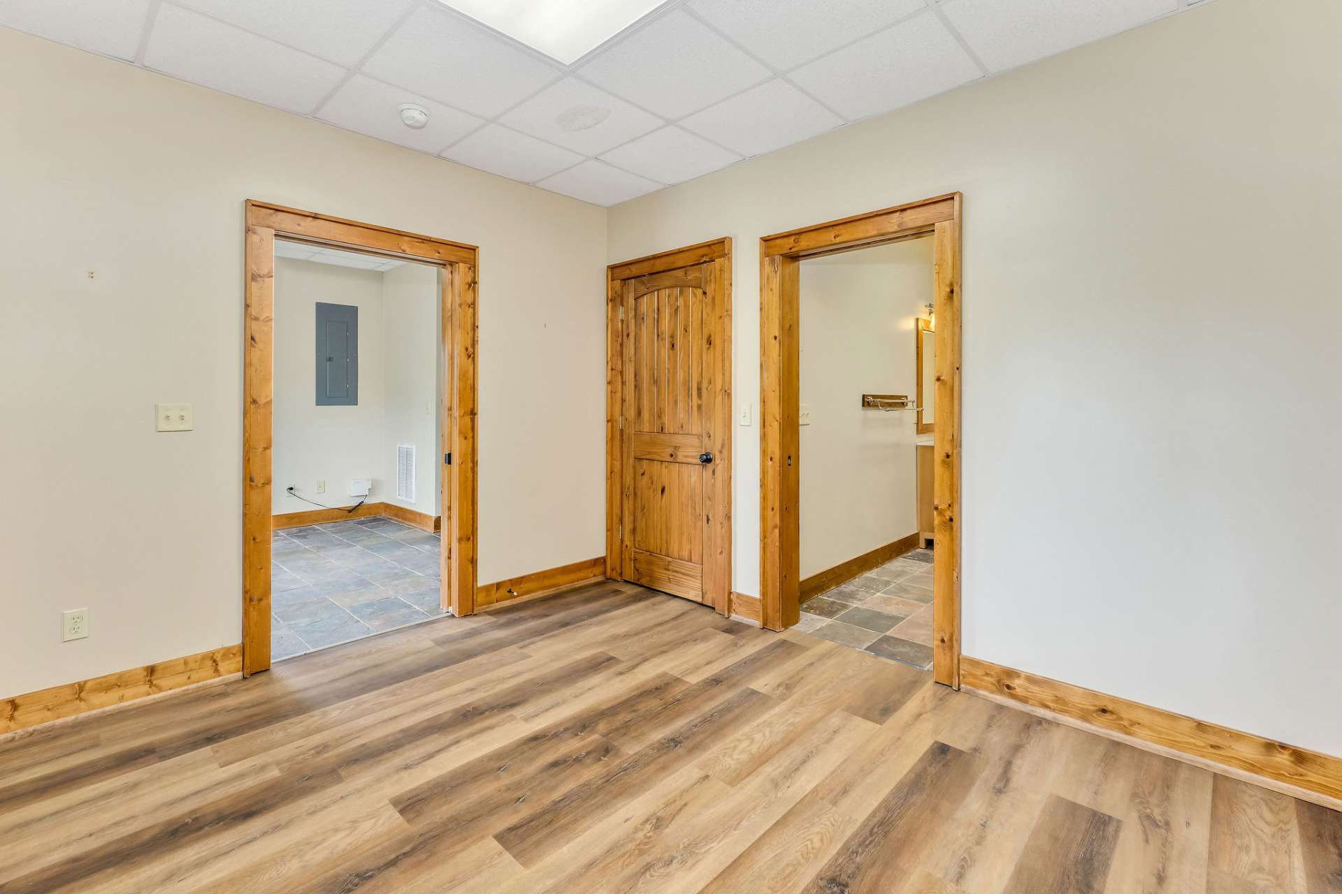 Large bedroom with Luxury Vinyl Plank flooring in the basement