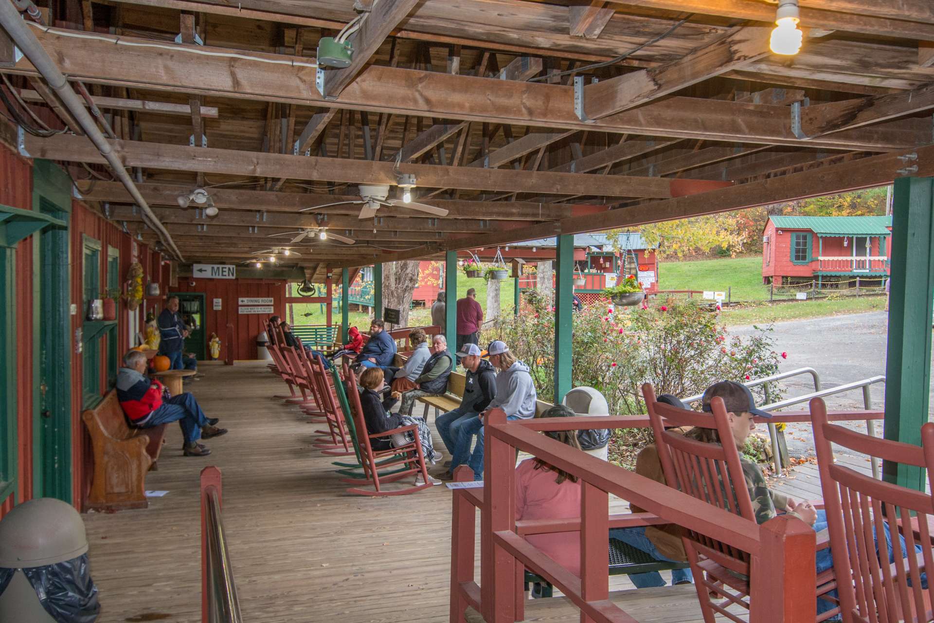 The large covered porch is perfect place for guests to wait to be seated or to stay awhile and visit after they have finished eating.