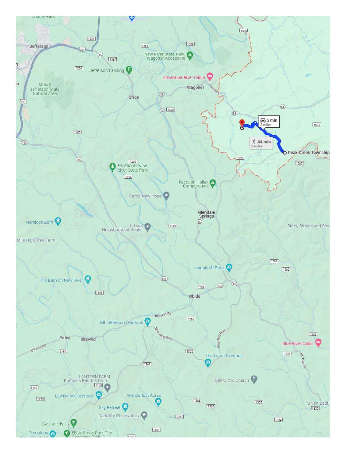 Map showing distance from the property to the Blue Ridge Parkway.