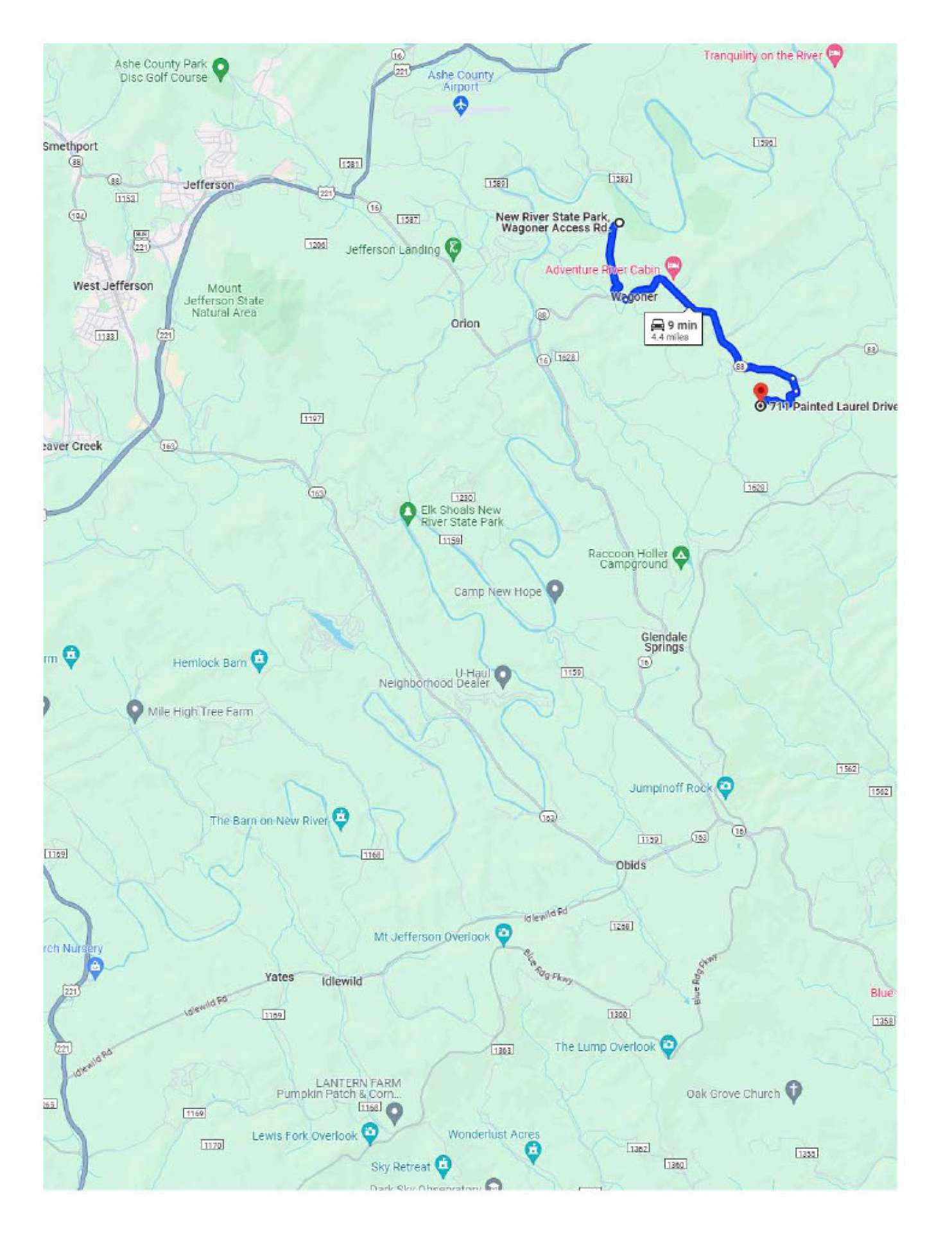 Map showing distance from property to the New River State Park.