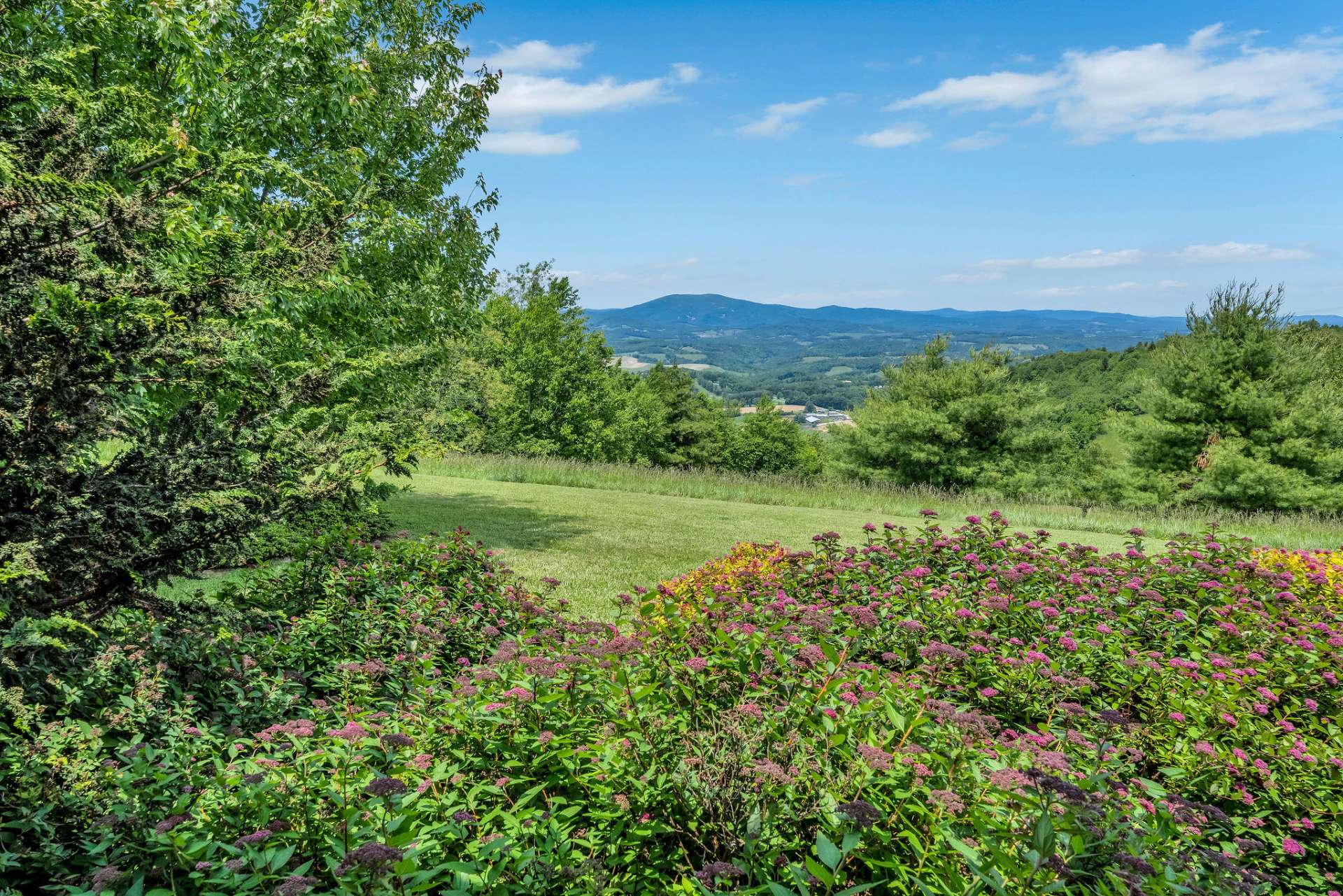 Beautifully landscaped grounds showcase elegant Japanese spirea, blue spruce, cypress, and vibrant mountain myrtle—adding year-round color and texture.