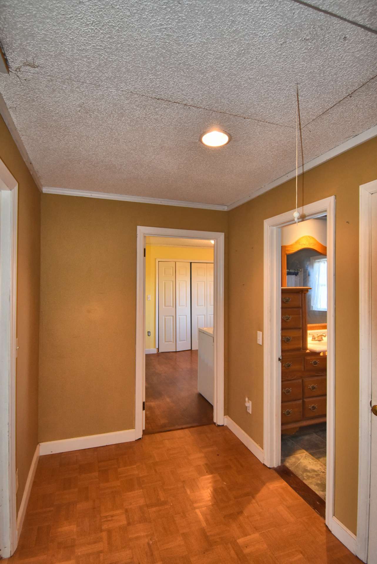 This hallway off of the dining area accesses the full bath and the two bedrooms.