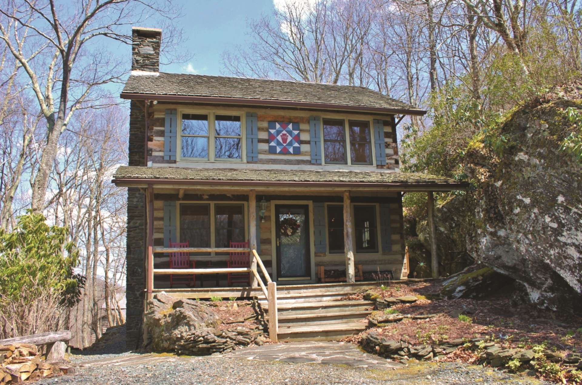 Offered at only $274,000, this cozy 2-bedroom, 2-bath rustic log cabin with native stone fireplace, wide plank wood floors, covered front porch, open back deck and a massive boulder and rock formation running along the entire side of the cabin is nestled in a serene wooded setting in the log cabin community of Stonebridge in Southern Ashe County. NC Mountains. C142