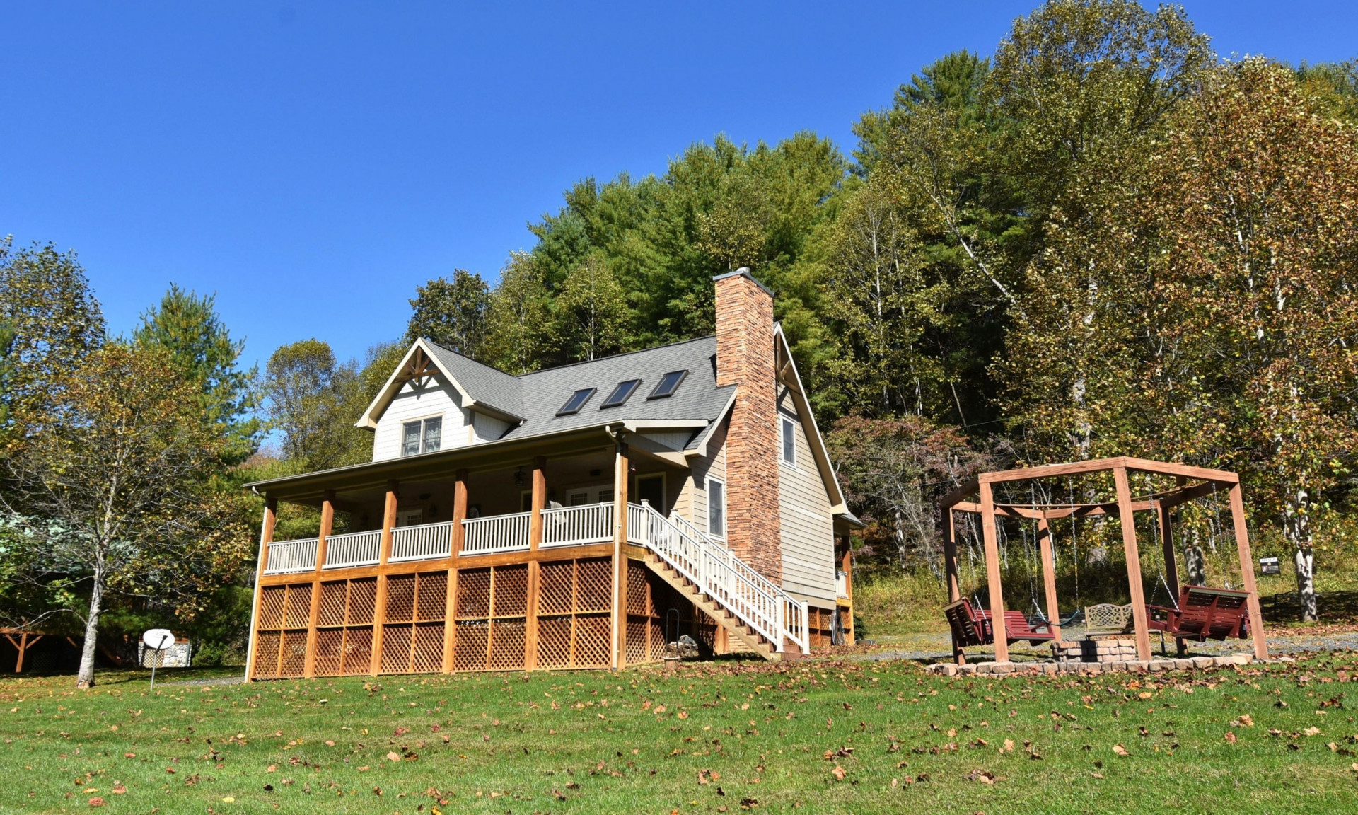 This  riverfront craftsman style sanctuary  soothes the senses with intimate living spaces both inside  and outside.   This home is located on a peaceful setting  with frontage on the New River in the Bent River Estates Community of Ashe County in the Blue Ridge Mountains.
