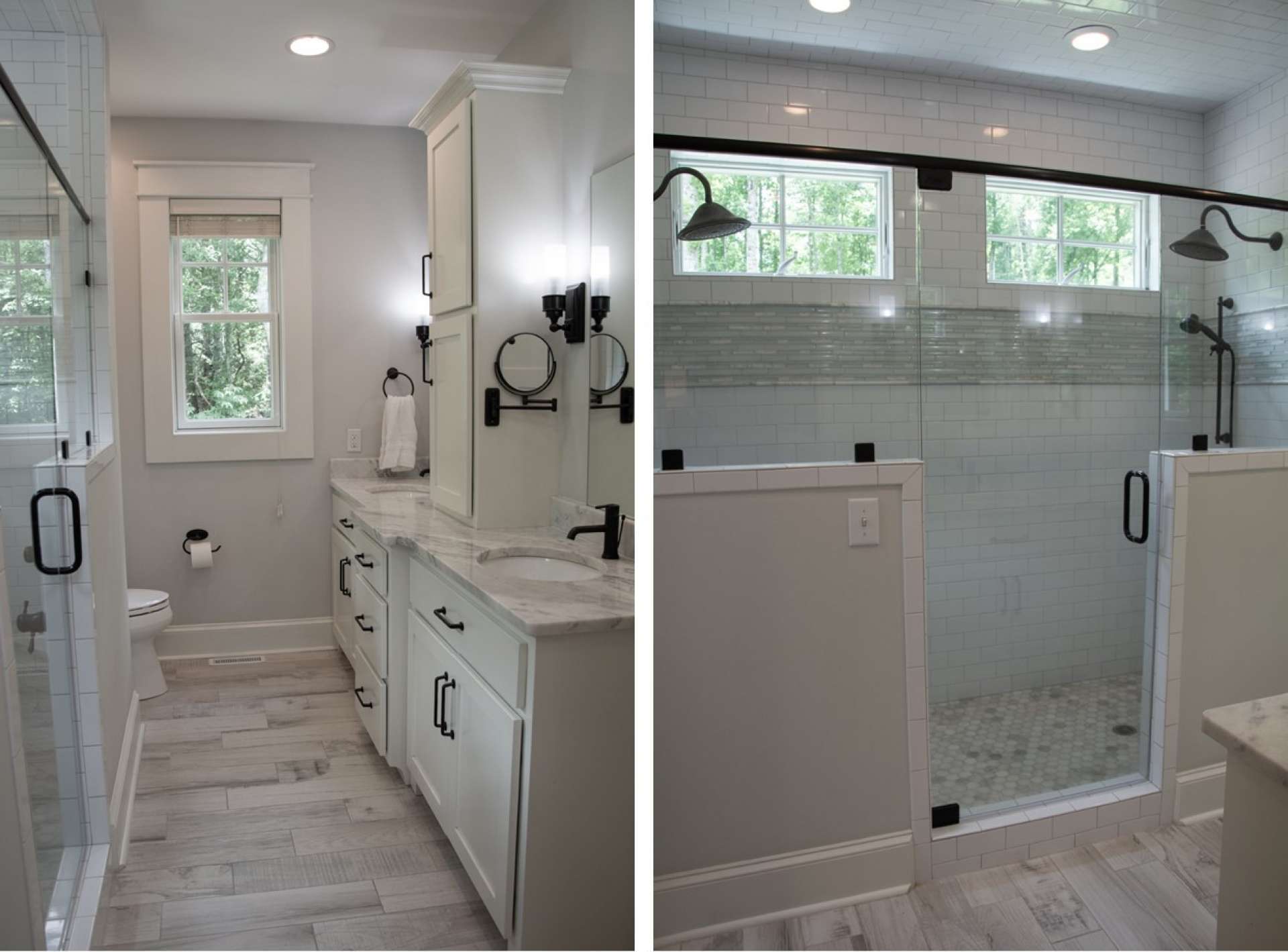 The master bath is nice & bright and offer separate sinks, ample countertop & storage space and a generous size tile shower with four shower heads.