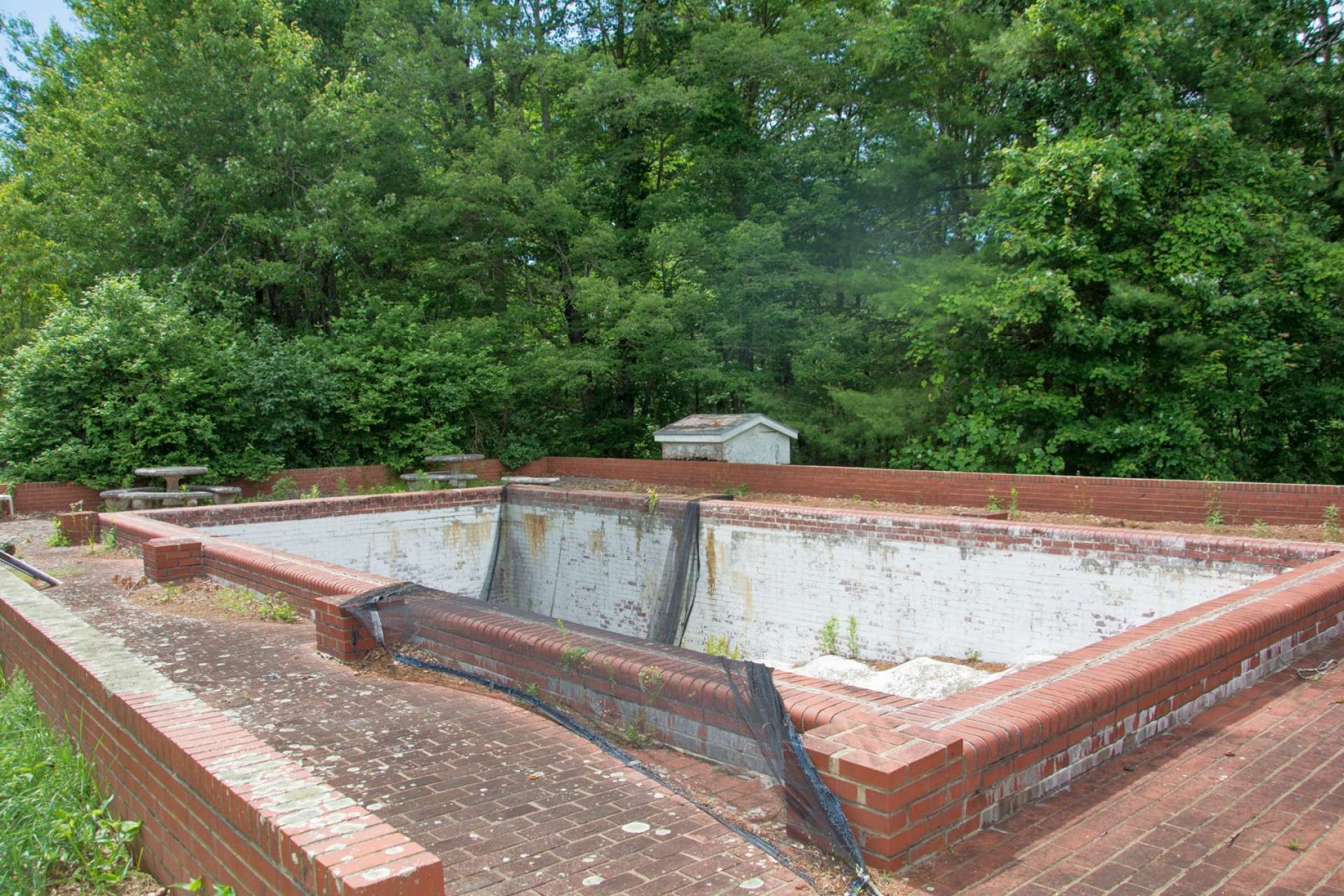 The back yard includes a large swimming pool; however, it has not been used for several years and longing for the cool splashes of water and the laughter of those enjoying an afternoon swim.