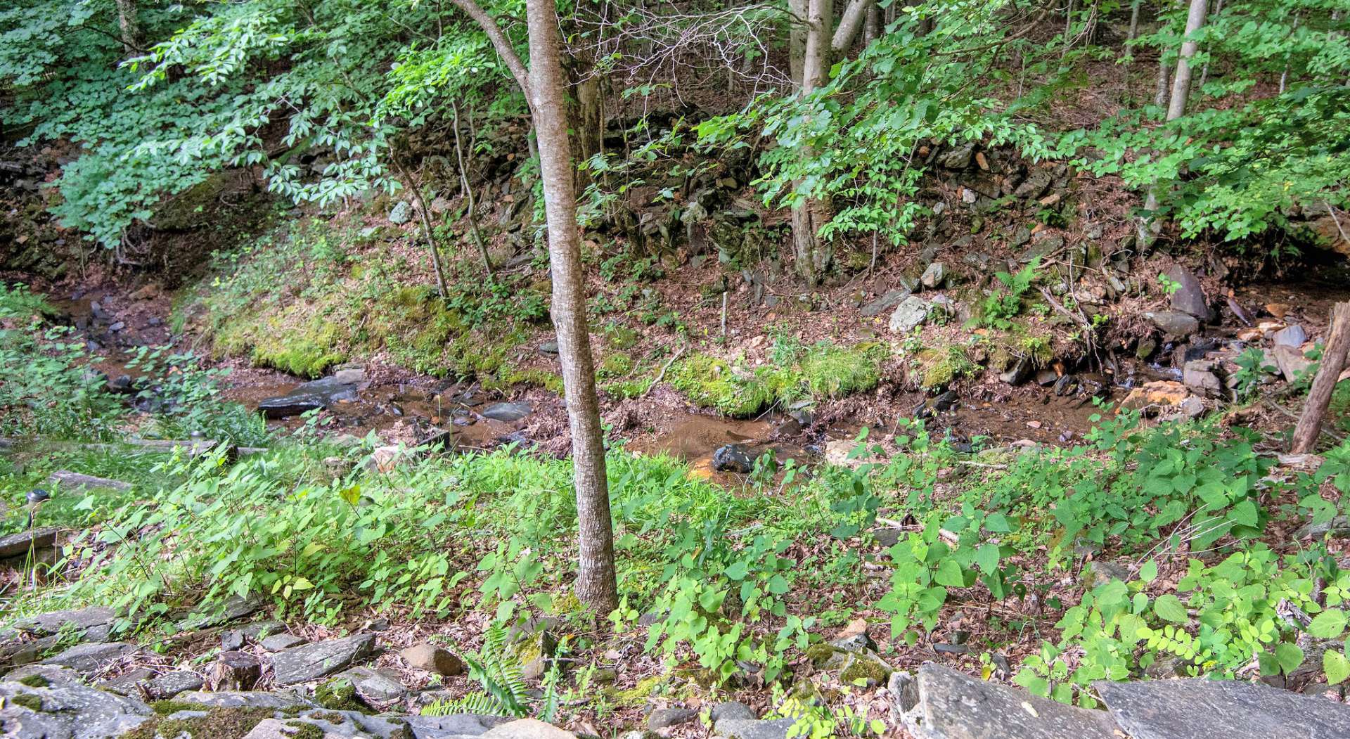 A bold creek with multiple water falls and ancient rocks runs behind this antique log cabin.