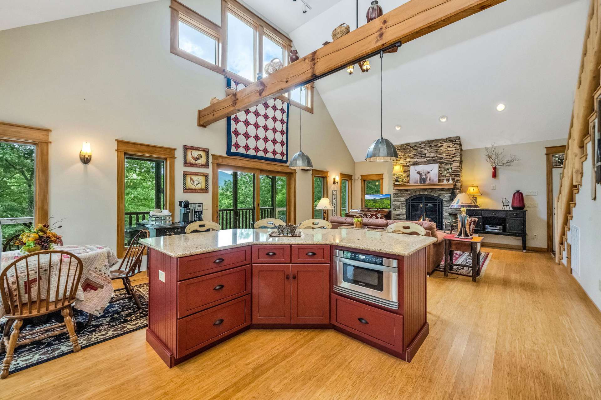 Large kitchen island with microwave.