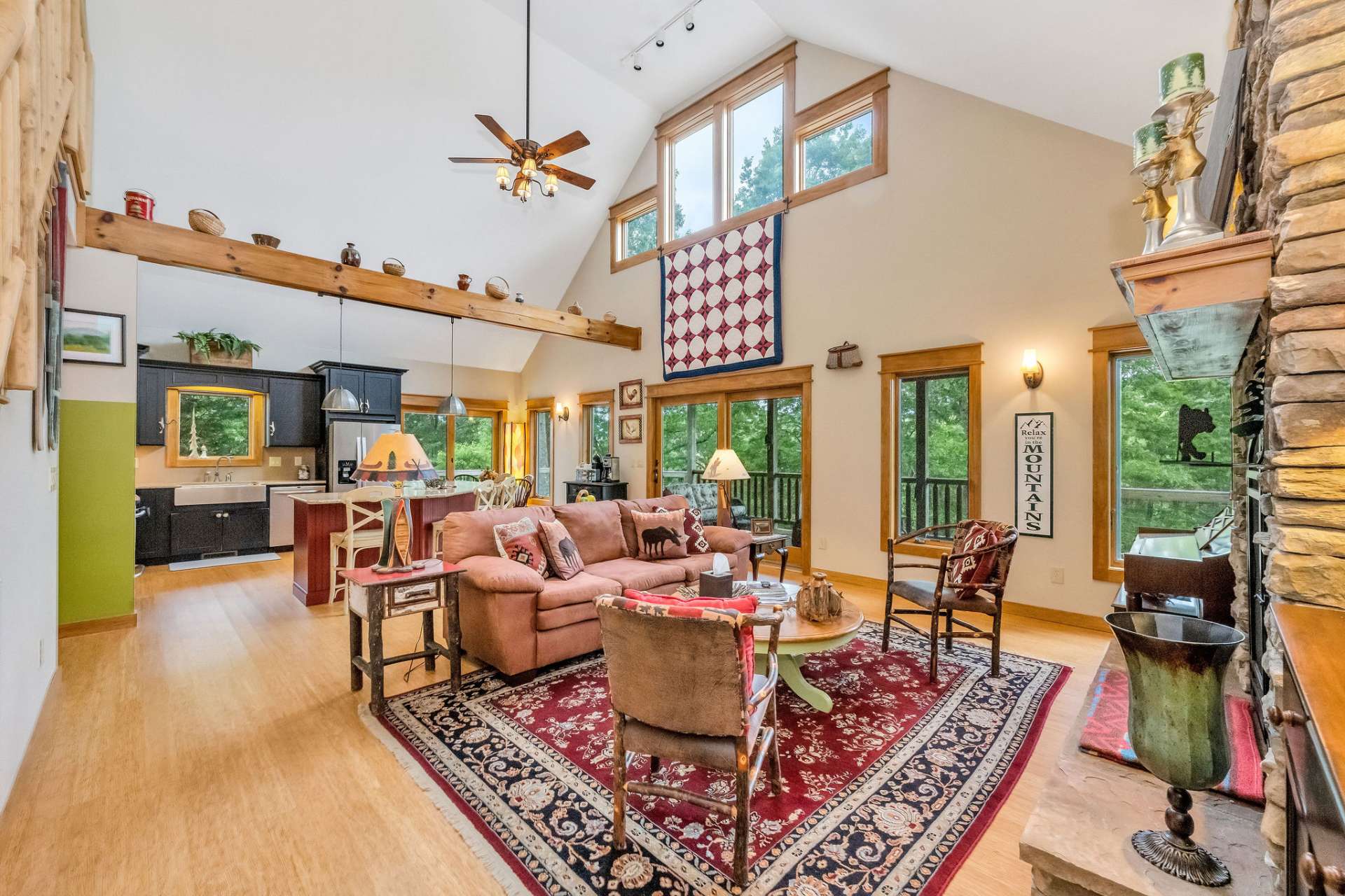 Large family room with gas vented fireplace.
