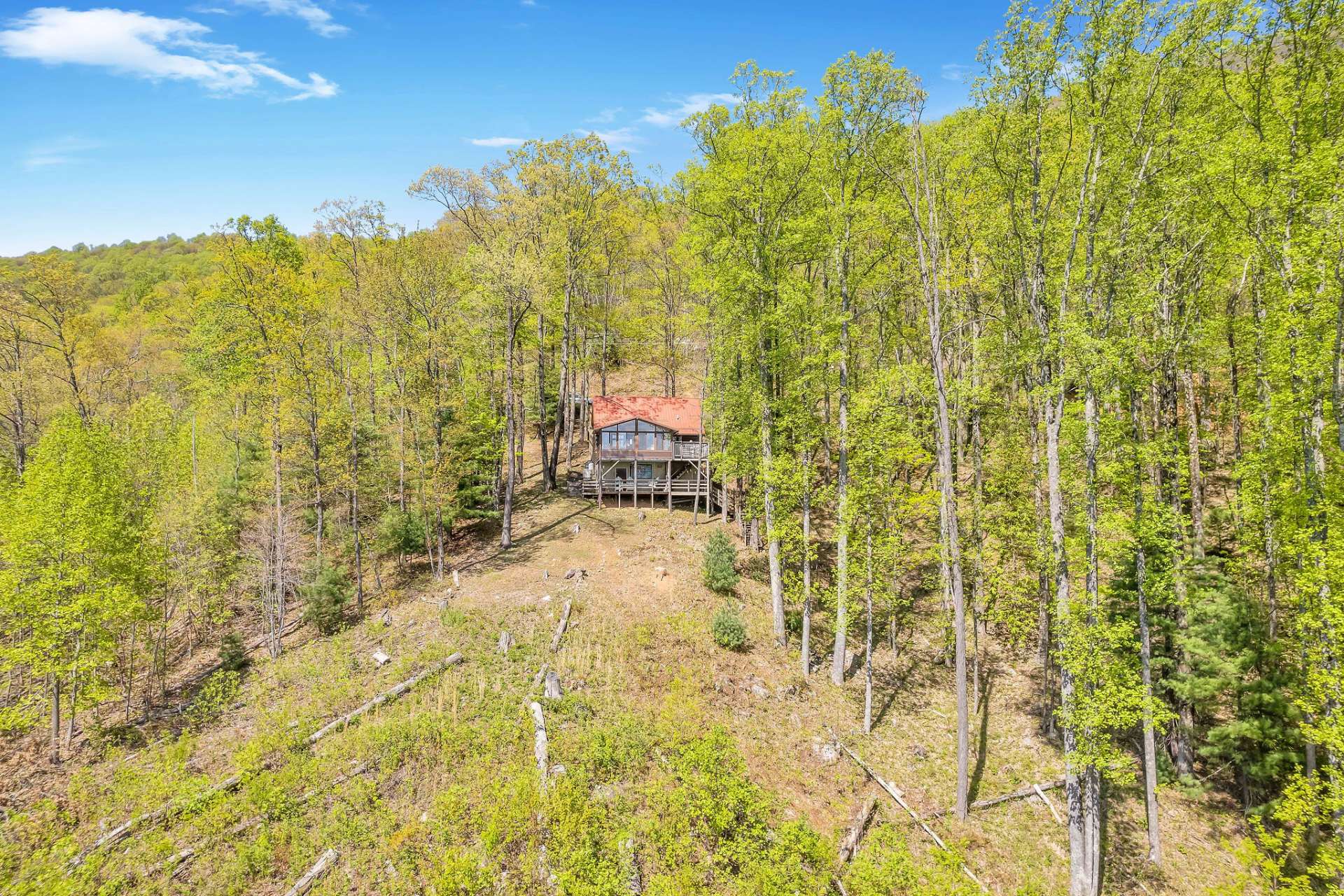 Drone shot looking back at the cabin!