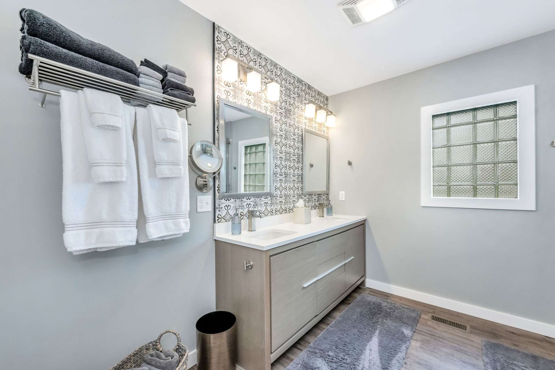Spacious primary bath with double vanity.