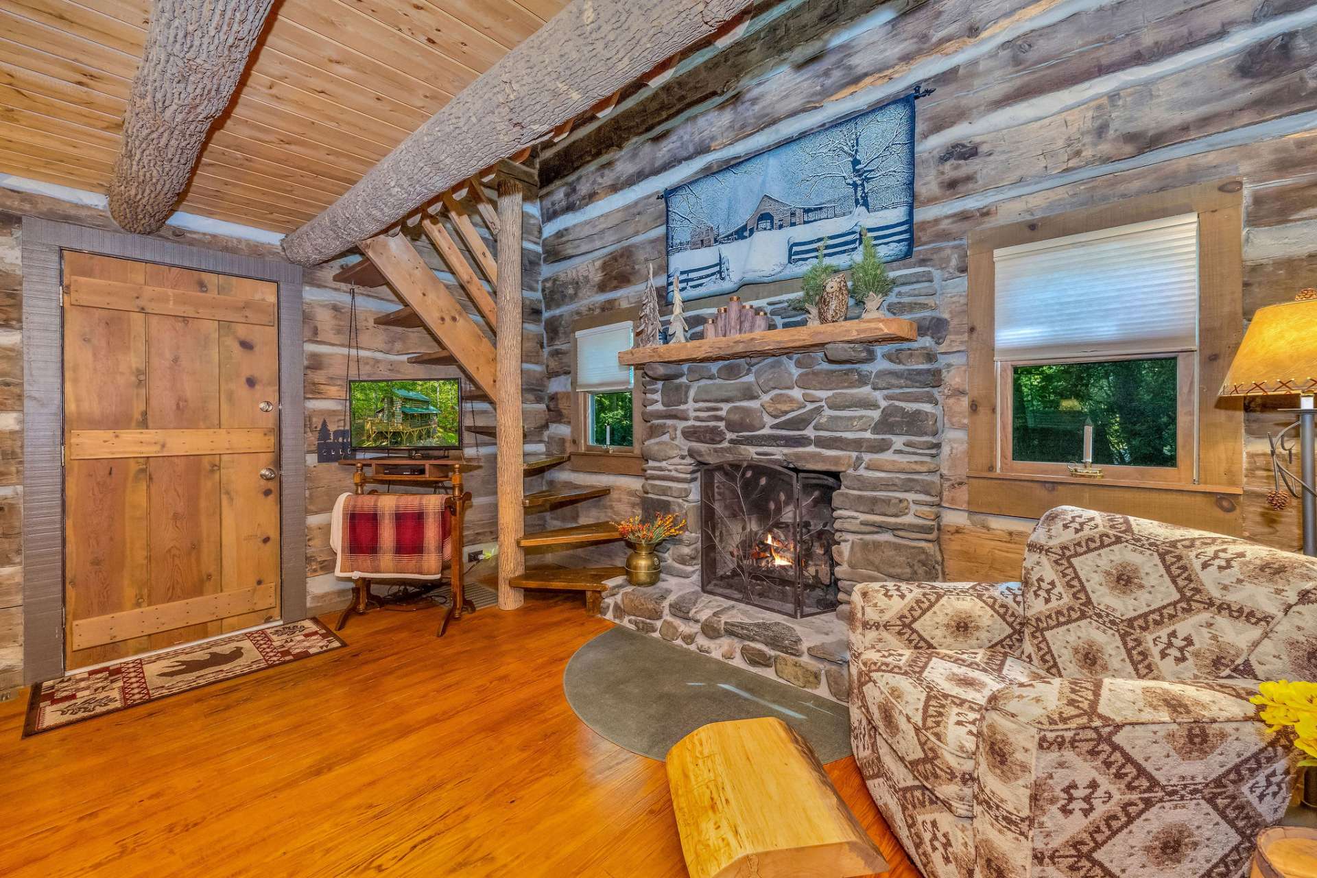 The fireplace has gas logs but can be converted back to wood-burning if desired.