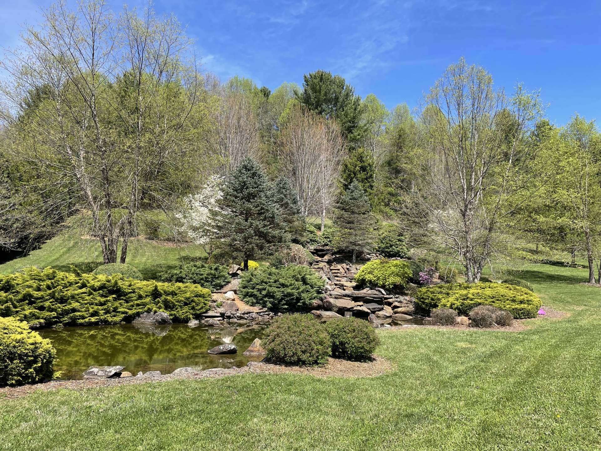 Waterfall entry feature with mature landscaping.