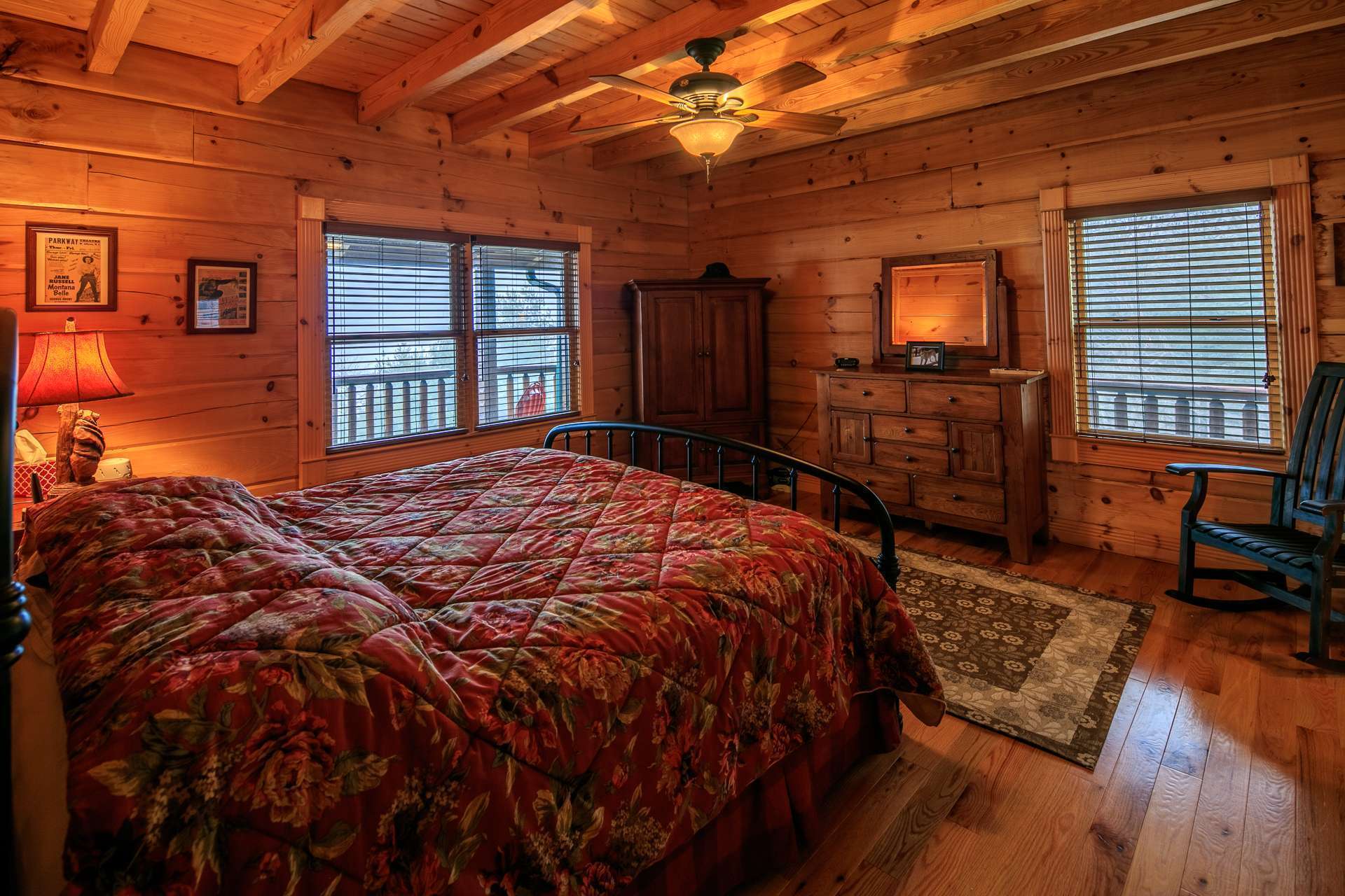 Conveniently located on the main level, the master suite offers a retreat at the end of a busy day of mountain activities.  Features include beamed ceiling, lots of natural light, walk-in closet, and a private bath.