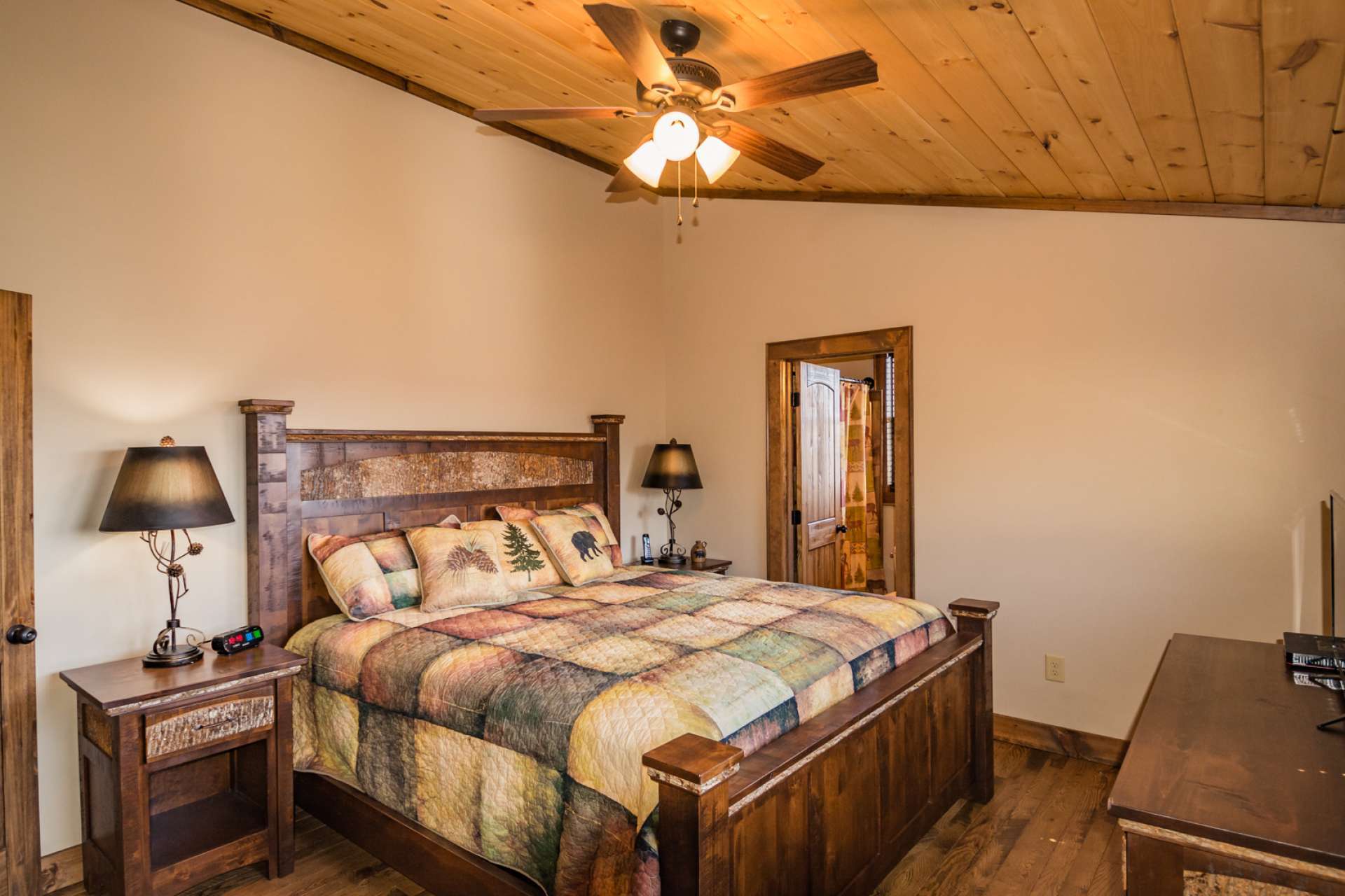 Two more spacious bedrooms are located on the upper level.