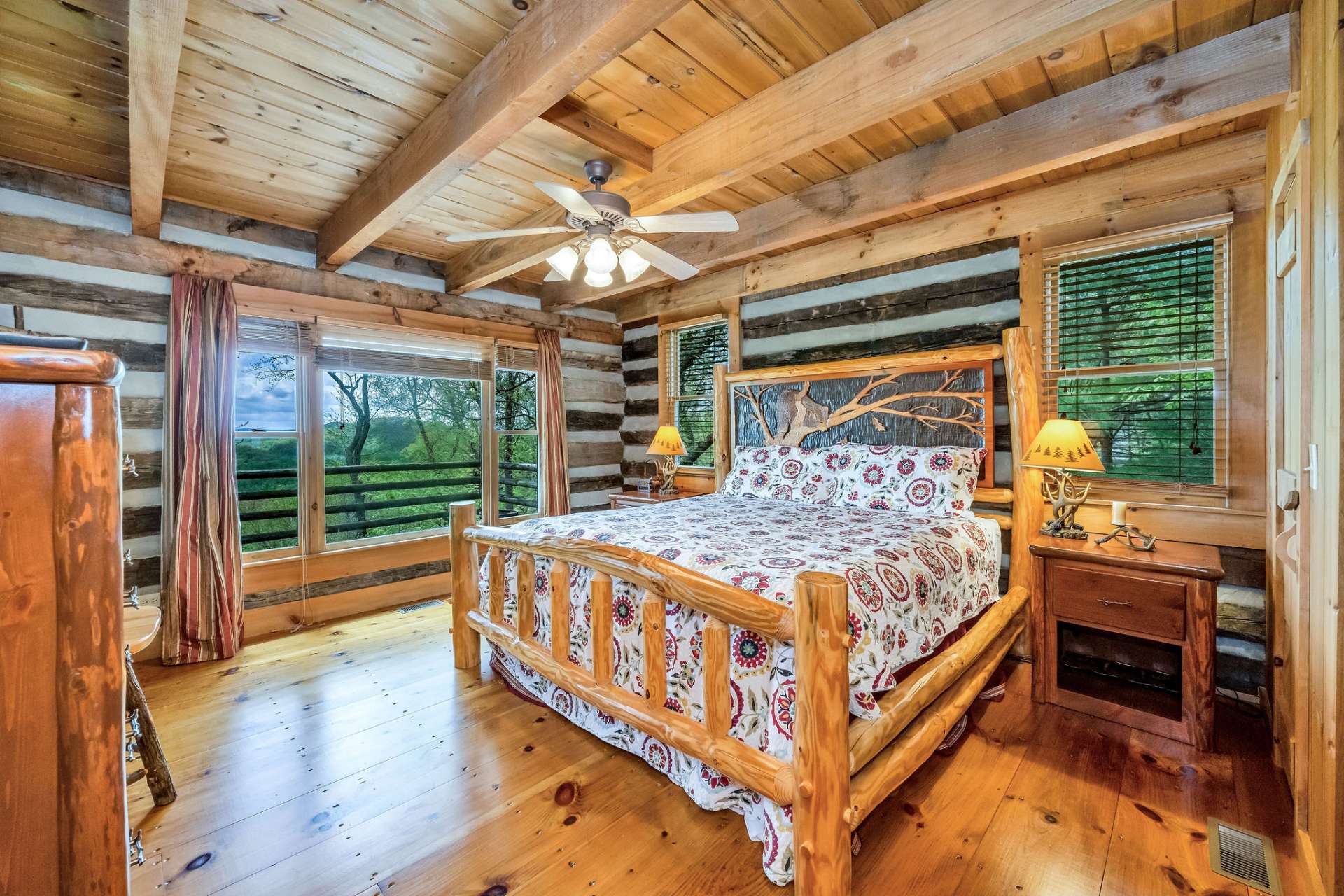 The primary suite is a peaceful sanctuary when the blinds are closed.