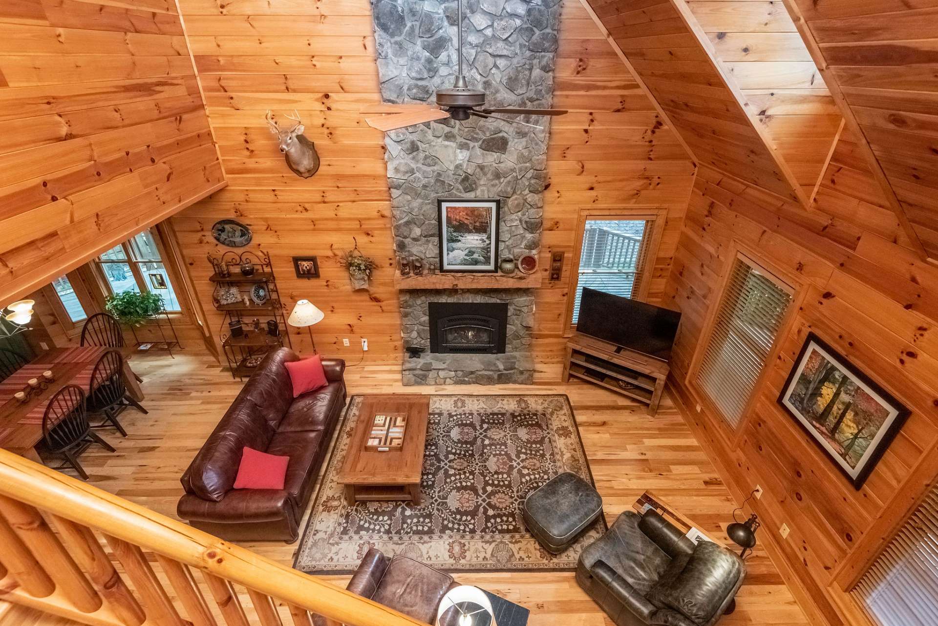 Gorgeous view from the loft area into the living room.