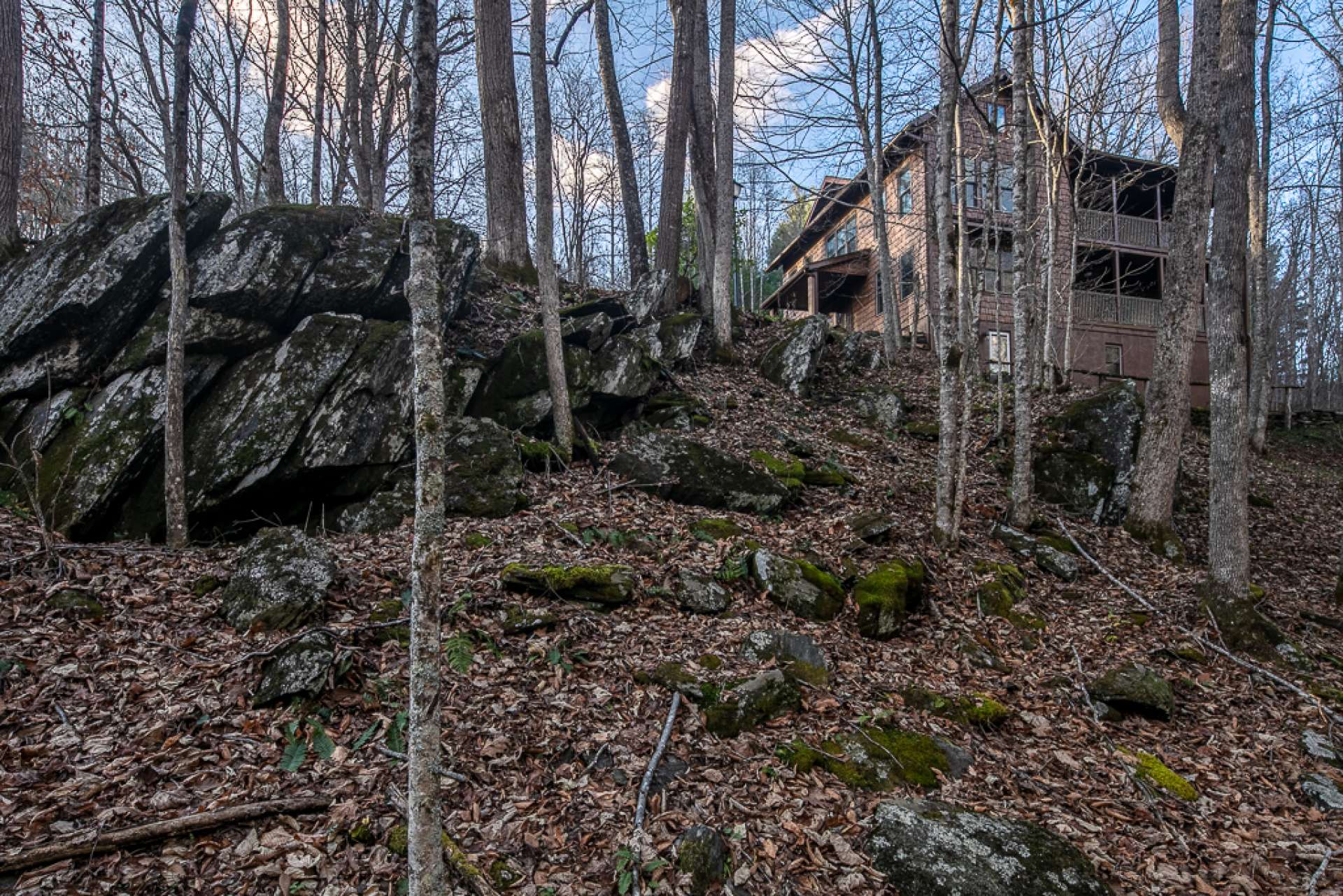 This photo was taken by the creek looking toward the house.  Notice the unique rock formations, just one of the many wonders awaiting you here.