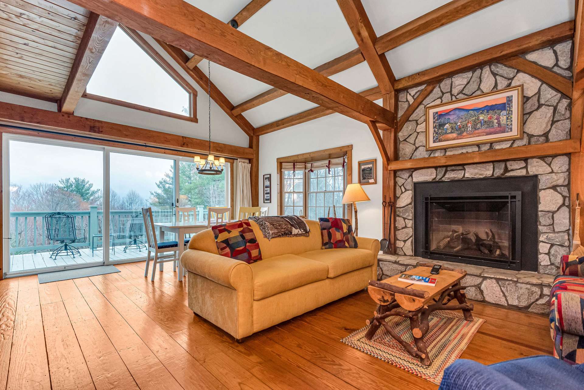 Exposed beams and lots of windows for natural light.