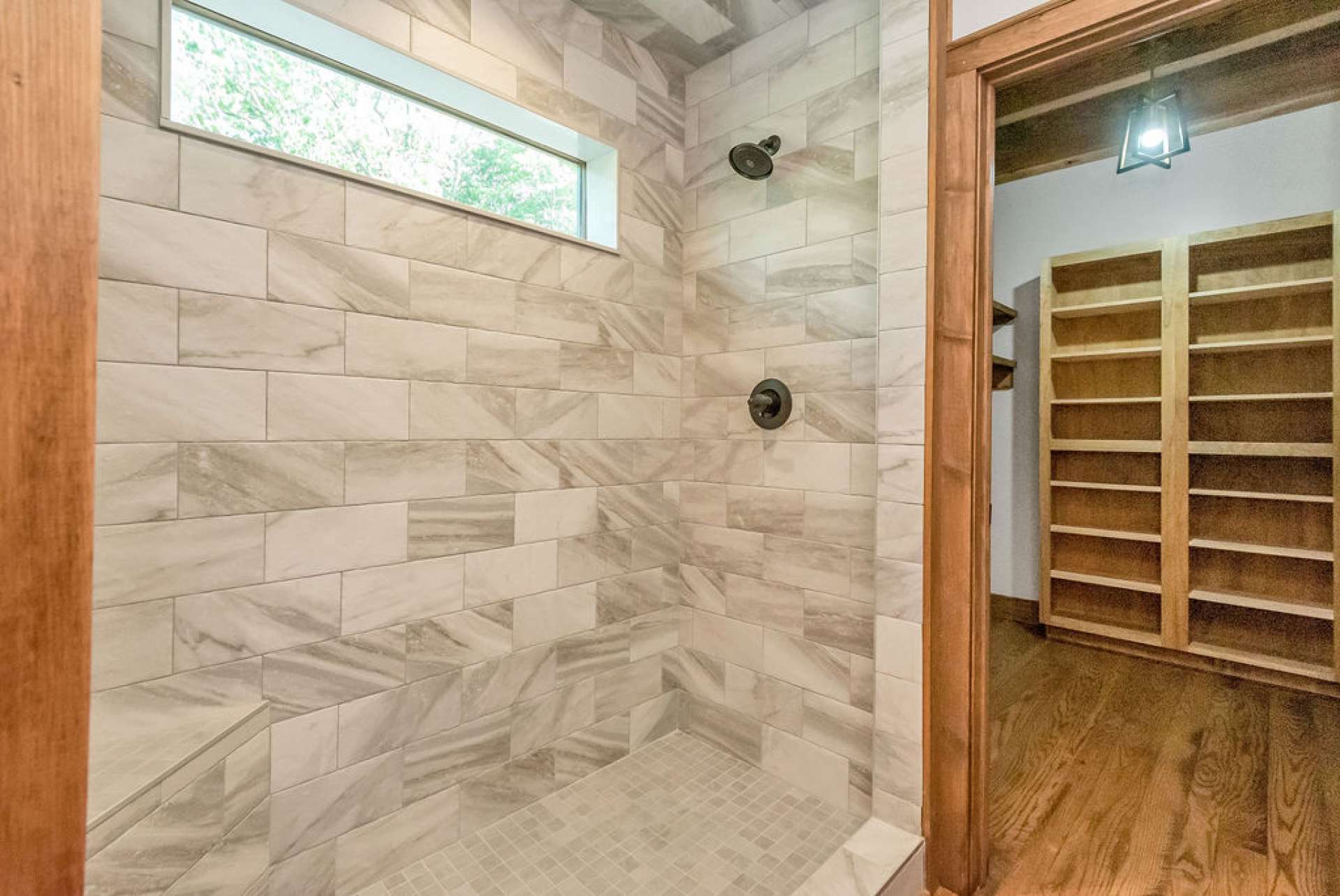 Large tile shower with corner seat...