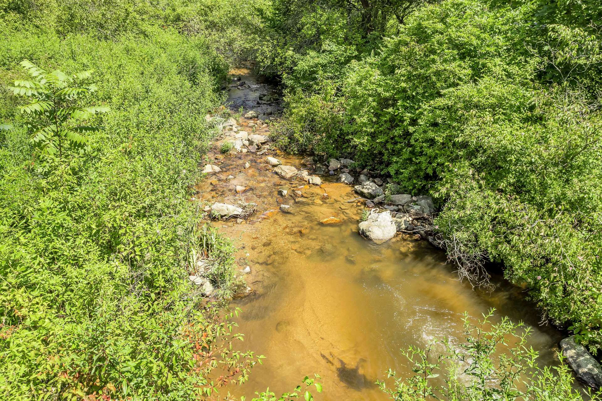 A winding mountain stream, Peach Bottom Creek, flows through the property after entering.