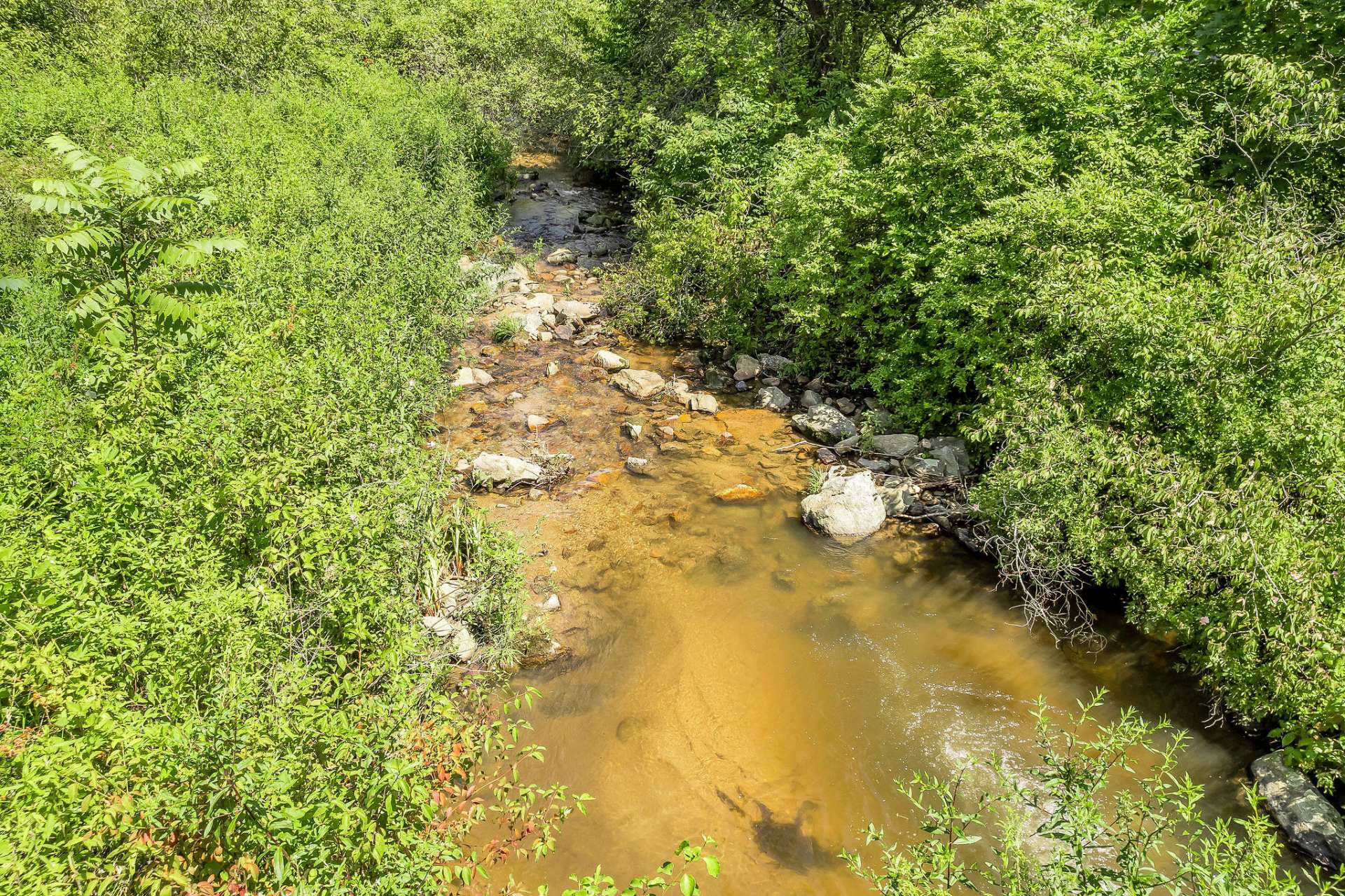 A winding mountain stream, Peach Bottom Creek, flows through the property after entering.