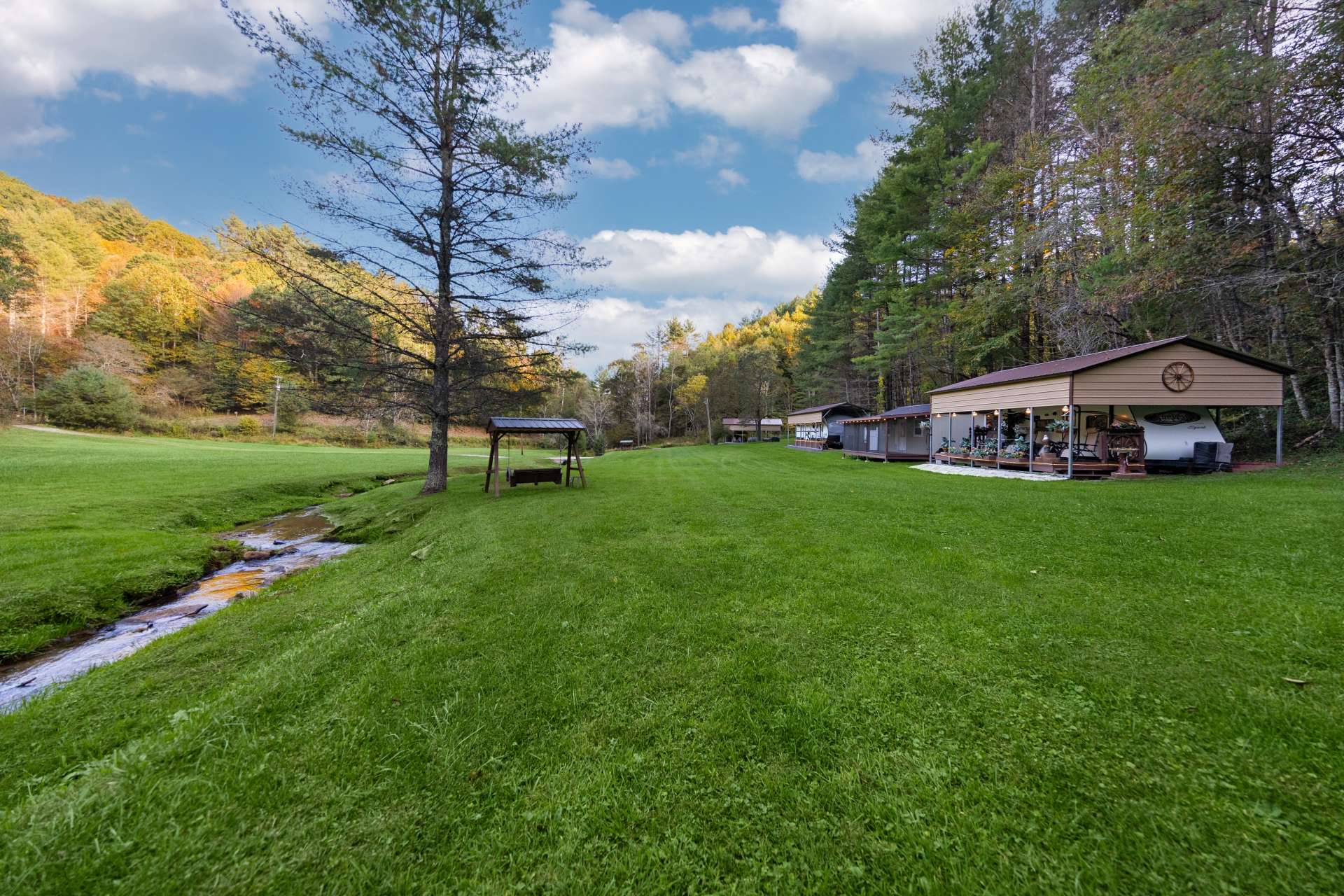 A creek runs through the campground area