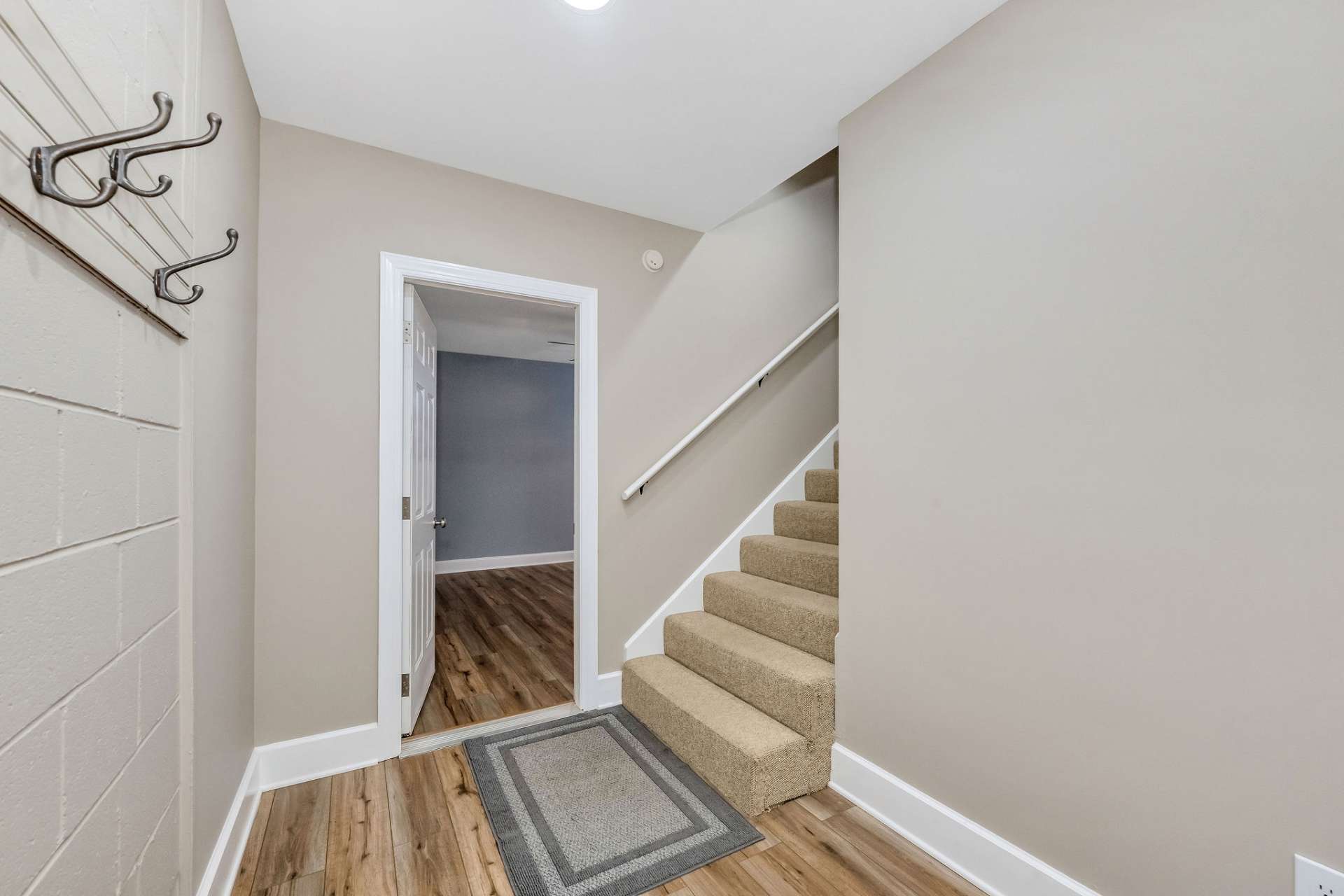 The lower level foyer adjacent to the garage leads to the additional living space or the main level.