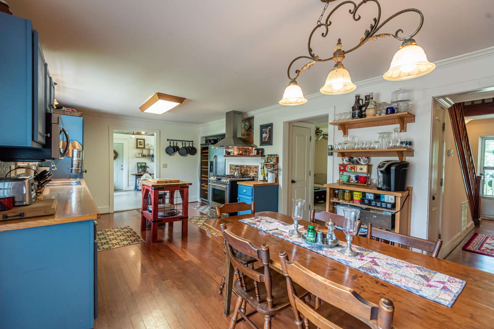 View from the dining area of the large well designed kitchen. This kitchen is a chef's dream!