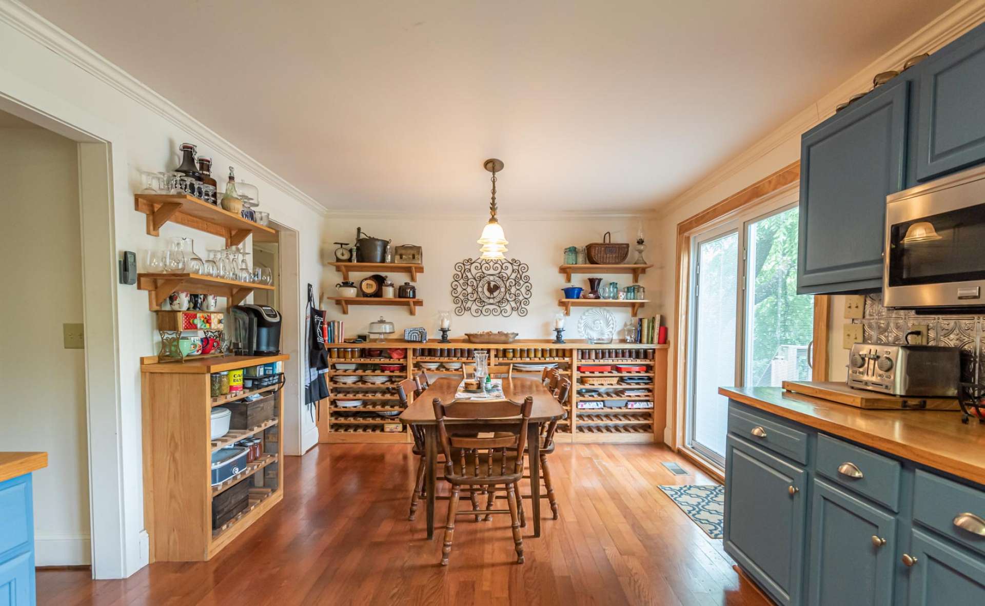 A country style dining area with plenty of space for holiday gatherings.