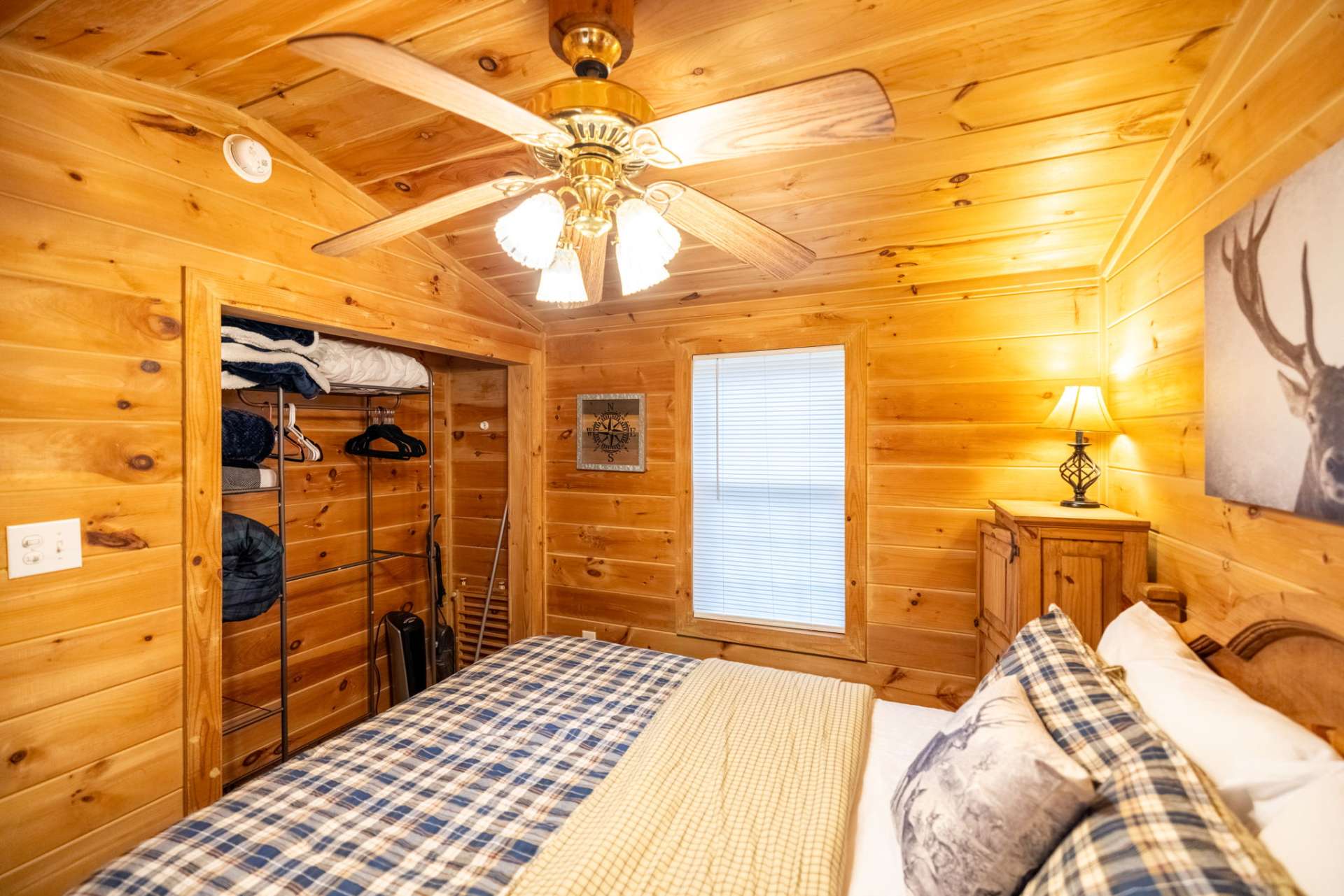 Your closets have metal shelf units to provide ample space for clothes and additional linens