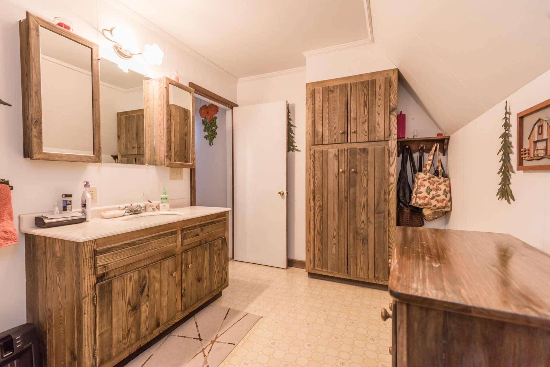 The master bath features a large vanity with double mirrors, a walk-in shower, and low maintenance vinyl flooring.