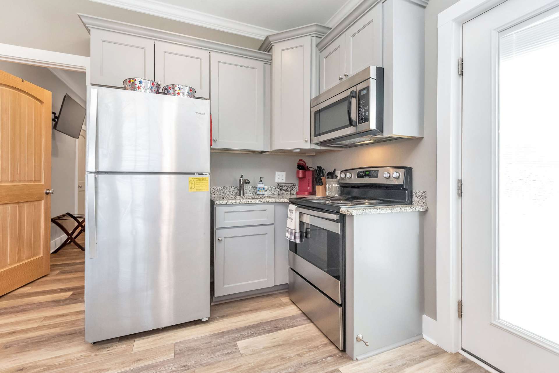 Kitchens offer full-size appliances.