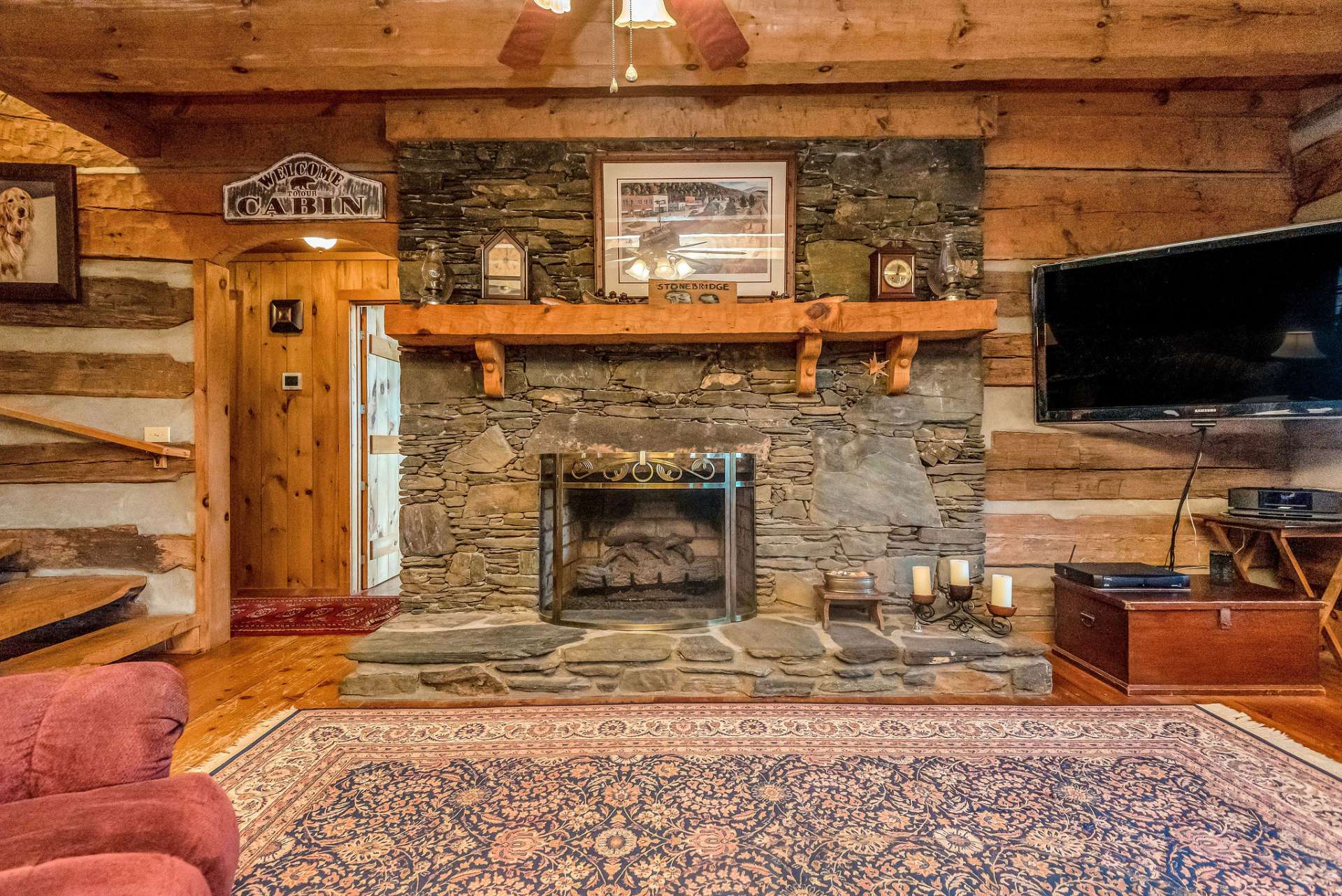You will enjoy the ambiance and warmth of this stone fireplace on cool winter evenings.