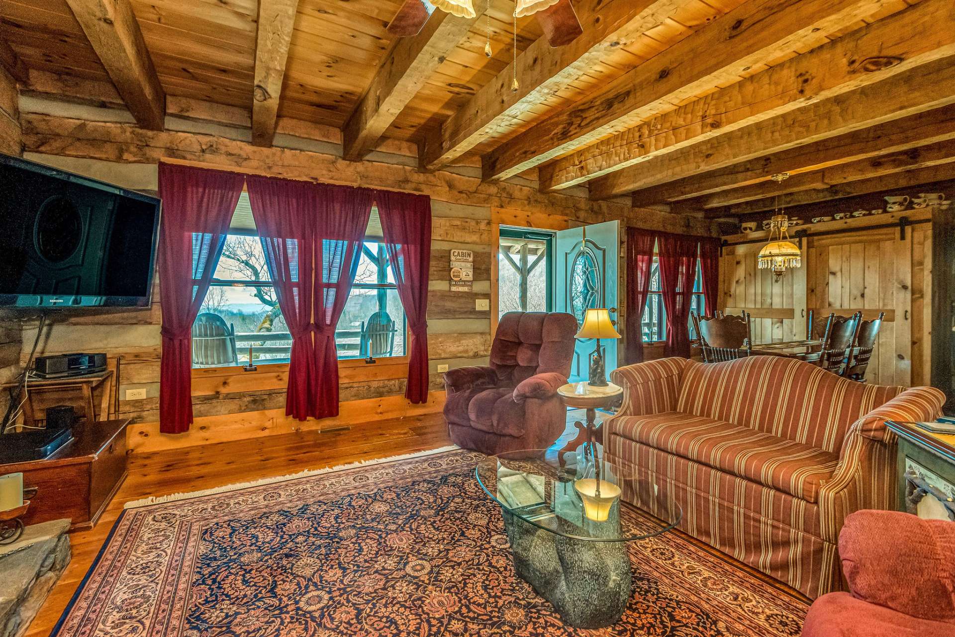The rustic beamed ceilings add to the mountain feel!